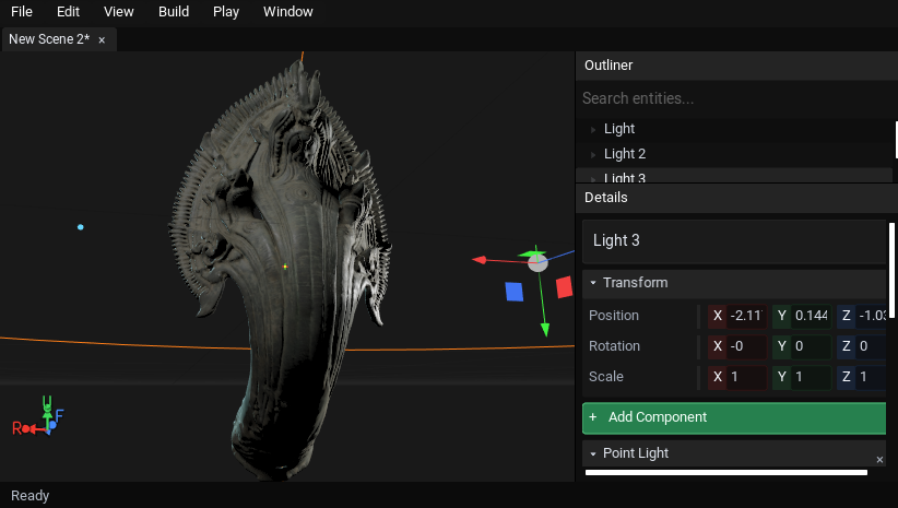 LODZERO Engine editor: 3D viewport, scene hierarchy, inspectors, and workspace.