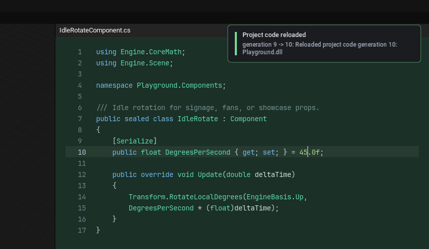 LODZERO Engine Editor: 3D viewport, built-in C# editor with IdleRotateComponent, log panel, and project code reload notification.